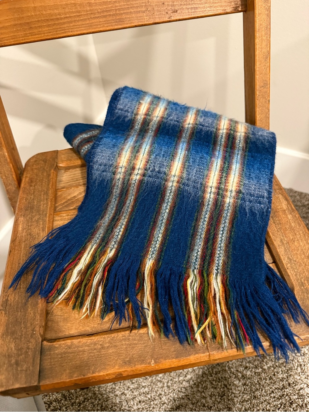 Vintage Blue Fuzzy Mohair Plaid Fringed Scarf
